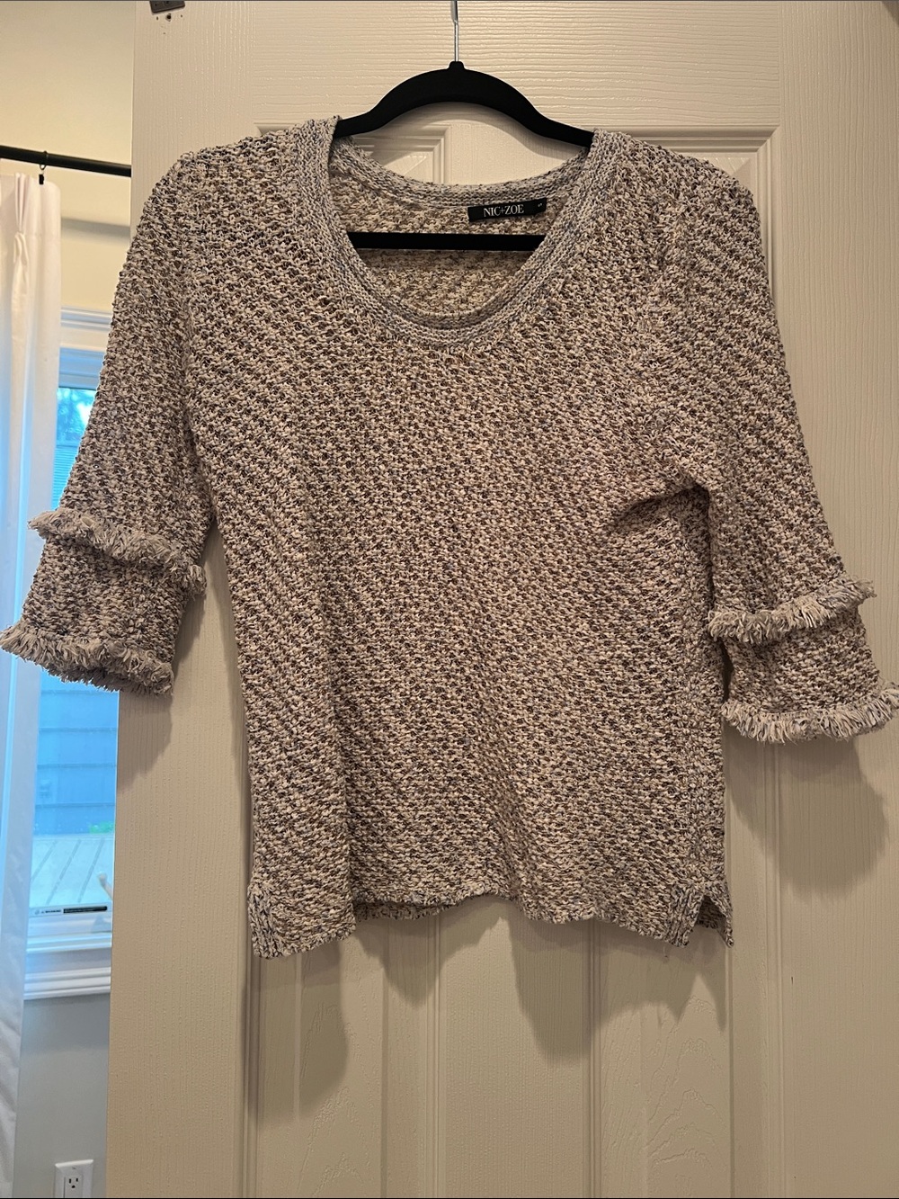 NIC+ZOE Marled Cream and Taupe Scoop Neck Fringe Sleeve Sweater